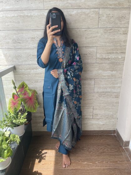 AV18- Premium Party Wear Roman Silk  3Pc Kurta, Pant, Dupatta Set