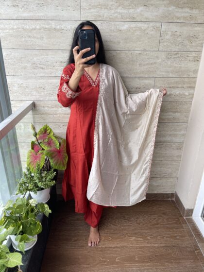 AV29-Premium Party Wear Muslin A-line 3Pc Kurta, Pant, Dupatta Set