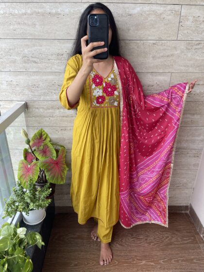 AV20- Premium Party Wear Mul Chanderi 3Pc Kurta, Pant, Dupatta Set