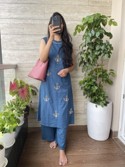 AV01- Premium Flex Cotton Hand Embroidery Straight Cut 2Pc Kurta & Pant Set