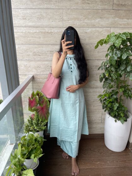 AV32- Pure Cotton A line Sleeveless 2Pc Kurta & Pant Set With Mirror Embroidery