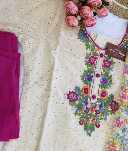 AV11- Premium Khadi Cotton Hand Embroidery Straight Cut 3Pc Kurta, Pant, Dupatta Set