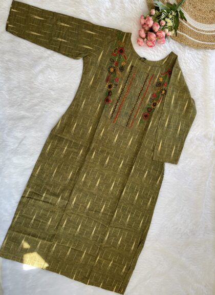 AV24- Premium Ikkat Cotton Hand Embroidery Straight Cut Kurta