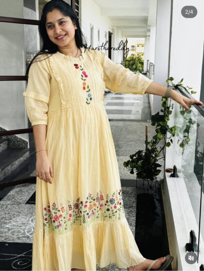 Haritha- Mul Cotton Dress With Cotton Lining and Hand Embroidery