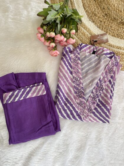 AV63- Pure Muslin Leheriya  A Line Kurta ,Pant Set