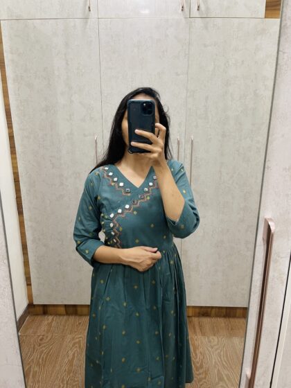 Aadhya- Mul Cotton Jamdani Dress With Mirror Embroidery