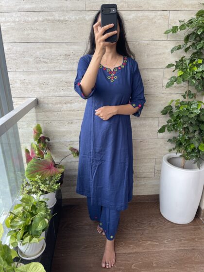 AV58- Premium Flex Cotton Handmade Mirror Embroidery A Line 2Pc Kurta & Pant Set