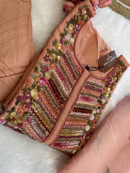 AV66- Premium Chanderi Hand Embroidery 3Pc Kurta, Pant, Dupatta Set