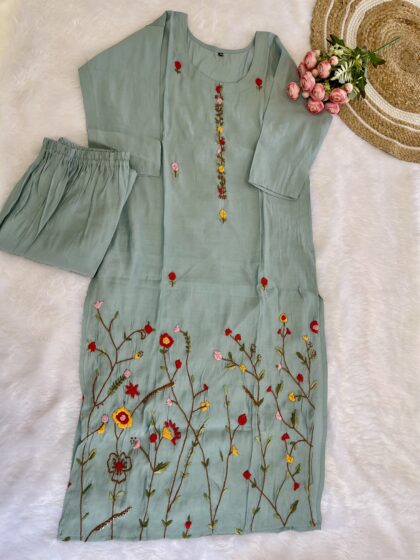 AV61- Cotton With Hand Embroidery 2 Pc Straight Cut Kurta ,Pant set