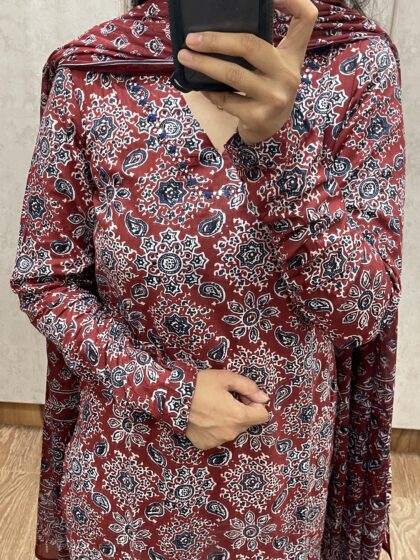 AV43-  Pure Cotton Ajrakh Print Straight Cut Kurta ,Pant, Dupatta Set