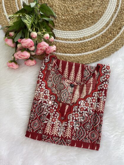 AV53 – Pure Ajrakh Cotton Mirror Embroidery Straight Cut Kurta