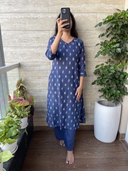 AV70- Pure Ikkat Cotton Hand Mirror Embroidery A line  2Pc Kurta & Pant Set