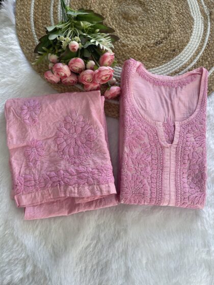 AV78- Premium Chanderi Chikankari Handwork Kurti & Pant Set