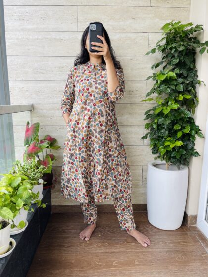 AV79- Pure Kalamkari Cotton A-Line Sleeveless 2Pc Kurta & Pant Set