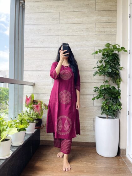 AV84 - Premium Flex Cotton Block Print , Mirror Embroidery A Line 2Pc Kurta & Pant Set