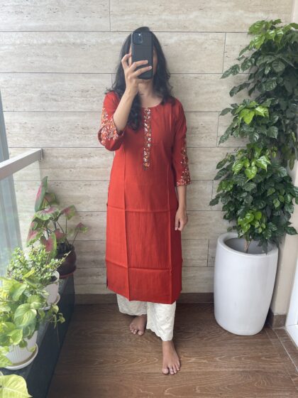 AV71 - Hand Embroidery Thread Work Straight Cut Cotton Kurta
