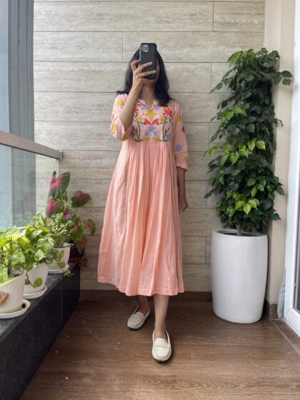 Swara-  Mul Cotton Dress With Cotton Lining and Embroidery