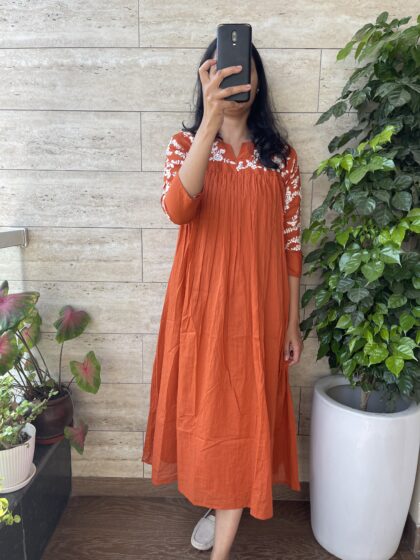 Meera-Mul Cotton Dress With Cotton Lining and Hand Embroidery