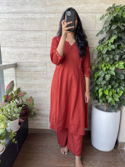 AV85- Premium Cotton Handmade Mirror Embroidery A Line 2Pc Kurta & Pant Set