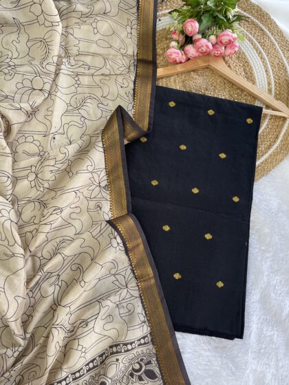 Premium Raw Silk Top Material Un-Stiched With Kalamkari Silk Dupatta- White