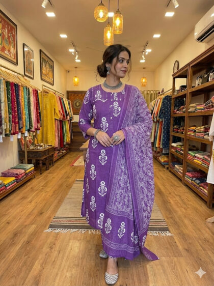 AV91- Pure Cotton Straight Cut Kurta ,Pant, Dupatta Set