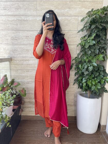 AV86- Premium Party wear Vichitra Silk 3Pc Kurta, Pant, Dupatta Set