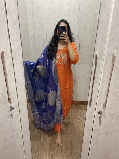 AV88- Premium Party wear Mul Chanderi 3Pc Kurta, Pant, Dupatta Set