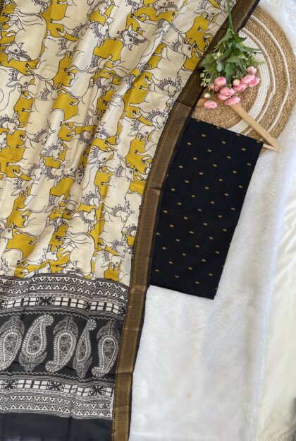 Premium Raw Silk Top Material Un-Stiched With Kalamkari Silk Dupatta