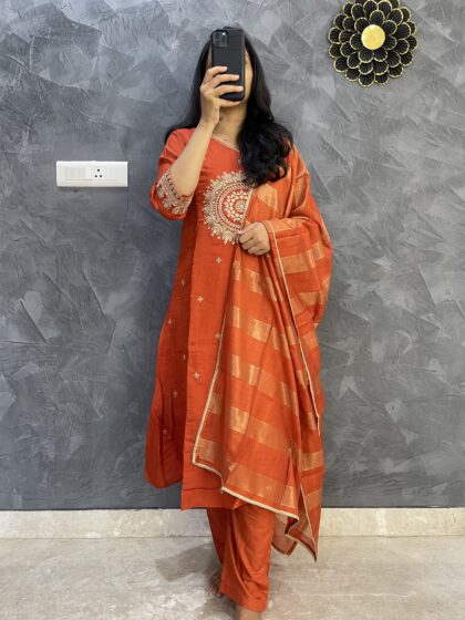 AV93- Premium Mul Chanderi Party Wear 3Pc  A Line Kurta, Pant, Dupatta Set