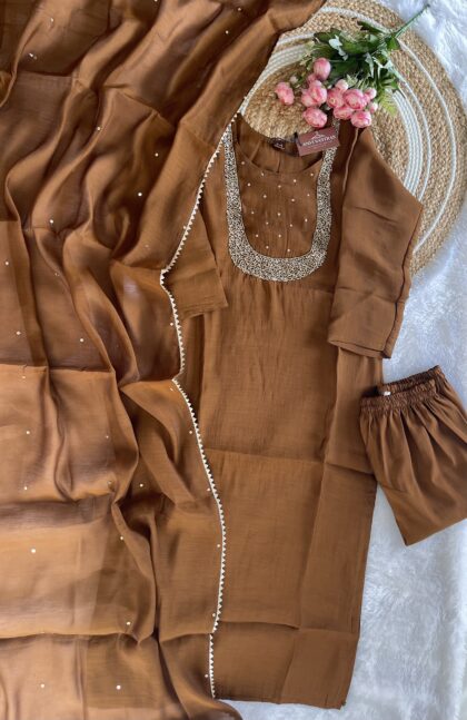 AV95- Premium Mul Chanderi Party Wear 3Pc Straight Cut Kurta, Pant, Dupatta Set