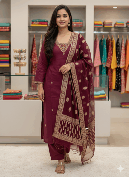 AV96- Premium Dola Silk 3Pc Kurta, Pant, Dupatta Set ( Festive Wear)