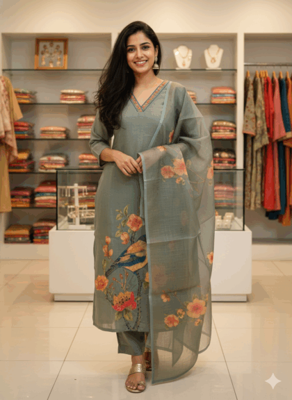 AV98-Premium Lenin Tissue 3Pc Kurta, Pant, Dupatta Set