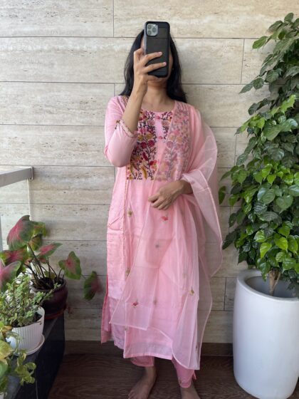 AV08- Premium Party Muslin Hand Embroidery  3Pc Kurta, Pant, Dupatta Set