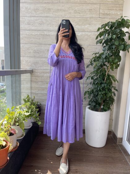 Alia- Mul Cotton Dress With Cotton Lining and Mirror Embroidery