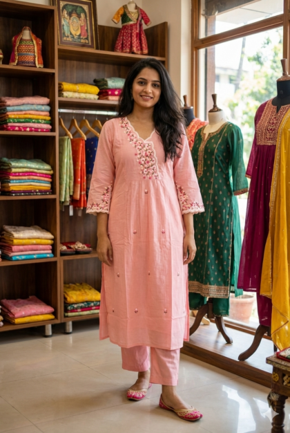 AV44- Premium Lenin Cotton Embroidery Straight Cut 2Pc Kurta & Pant Set