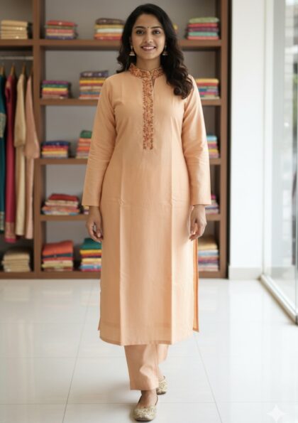 AV12- Pure Chanderi Hand Embroidery Straight Cut 2 Pc Kurta & Pant set