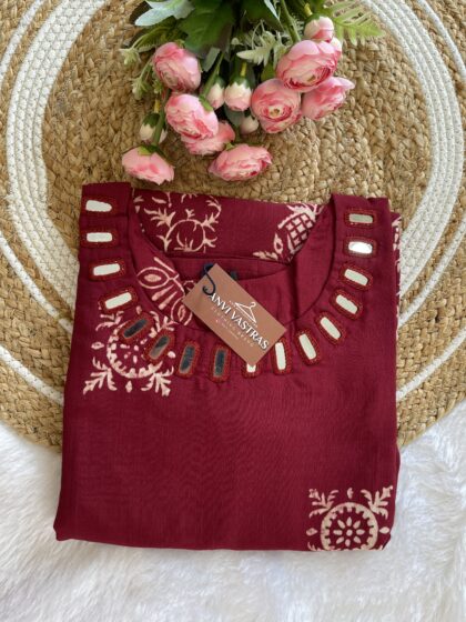 AV110- Pure Cotton Straight Cut Long Designer Mirror Work Kurta With Lining