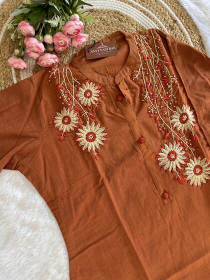AV111- Premium Cotton Hand Embroidery Straight Cut Kurta