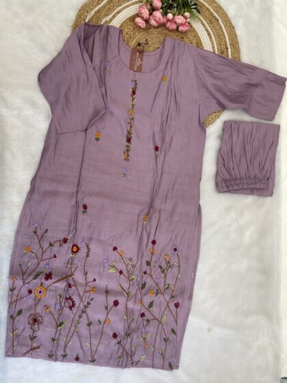 AV61- Cotton With Hand Embroidery 2 Pc Straight Cut Kurta ,Pant set