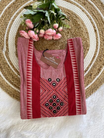 AV103- Pure Cotton Straight Cut Long Real Mirror Kurta With Lining