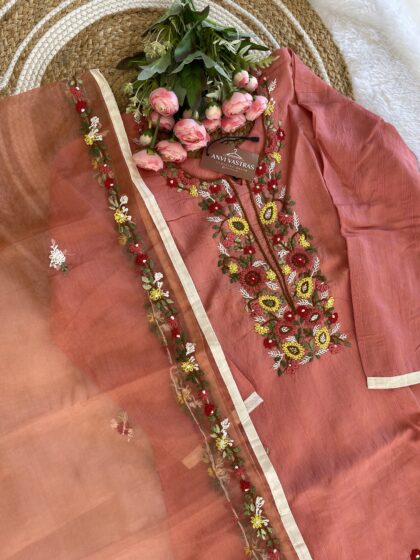 AV55- Pure Chanderi Straight Cut Hand Embroiderd Kurta With Dupatta