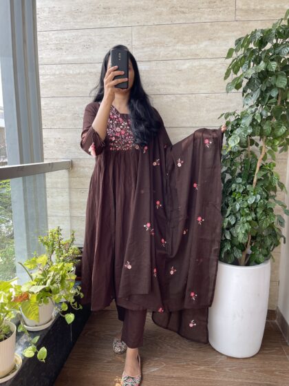 AV27- Pure Cotton Frock Style 3 Pc Kurta ,Pant, Dupatta Set