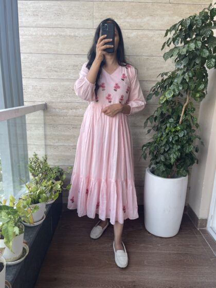 Sneha- Mul Cotton Dress With Cotton Lining and Hand Embroidery