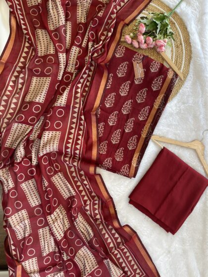 AV132- Premium Ajrakh Printed Modal Silk Dress Material (Unstiched )