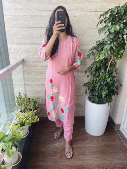 AV121- Premium Mul Chanderi Applique Work Straight Cut 2 Pc Kurta, Pant Set