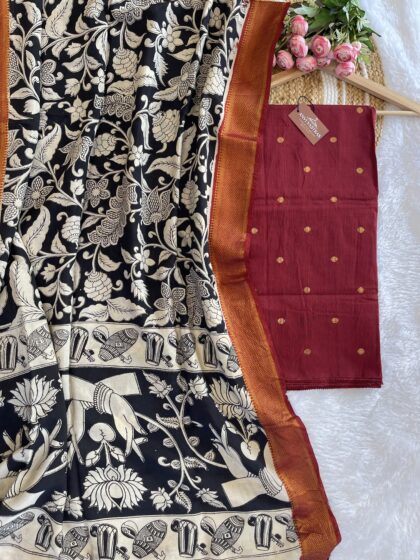 AV127- Premium Raw Silk Top Material (Un-Stiched)With Kalamkari Silk Dupatta