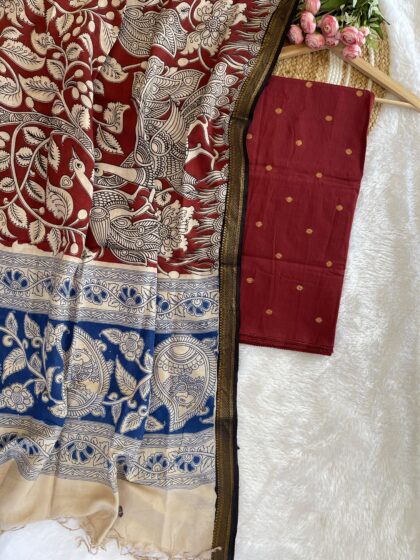 AV129- Premium Raw Silk Top Material (Un-Stiched)With Kalamkari Silk Dupatta