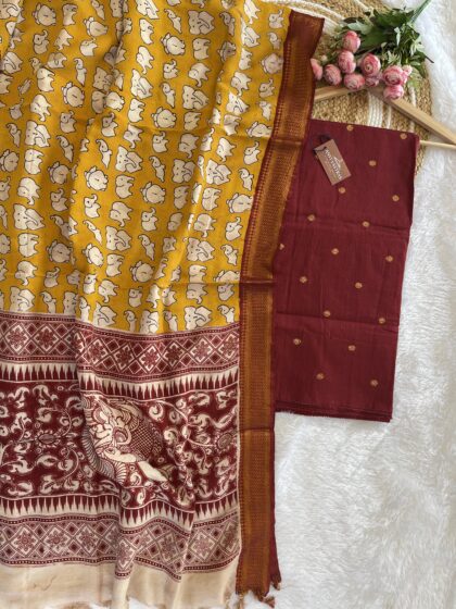 AV130- Premium Raw Silk Top Material (Un-Stiched)With Kalamkari Silk Dupatta