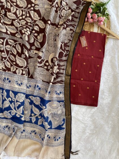 AV128- Premium Raw Silk Top Material (Un-Stiched)With Kalamkari Silk Dupatta