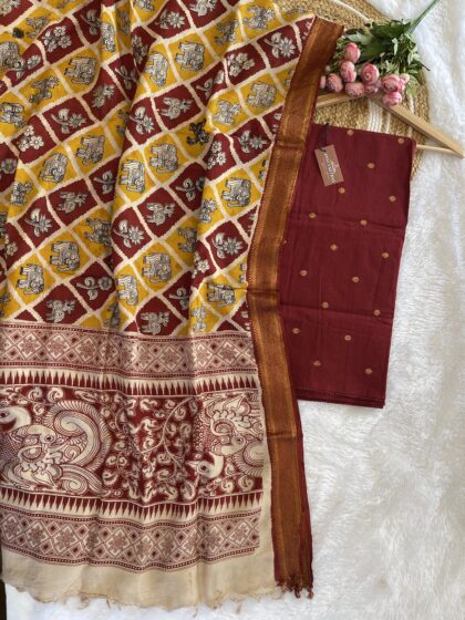 AV131- Premium Raw Silk Top Material (Un-Stiched)With Kalamkari Silk Dupatta